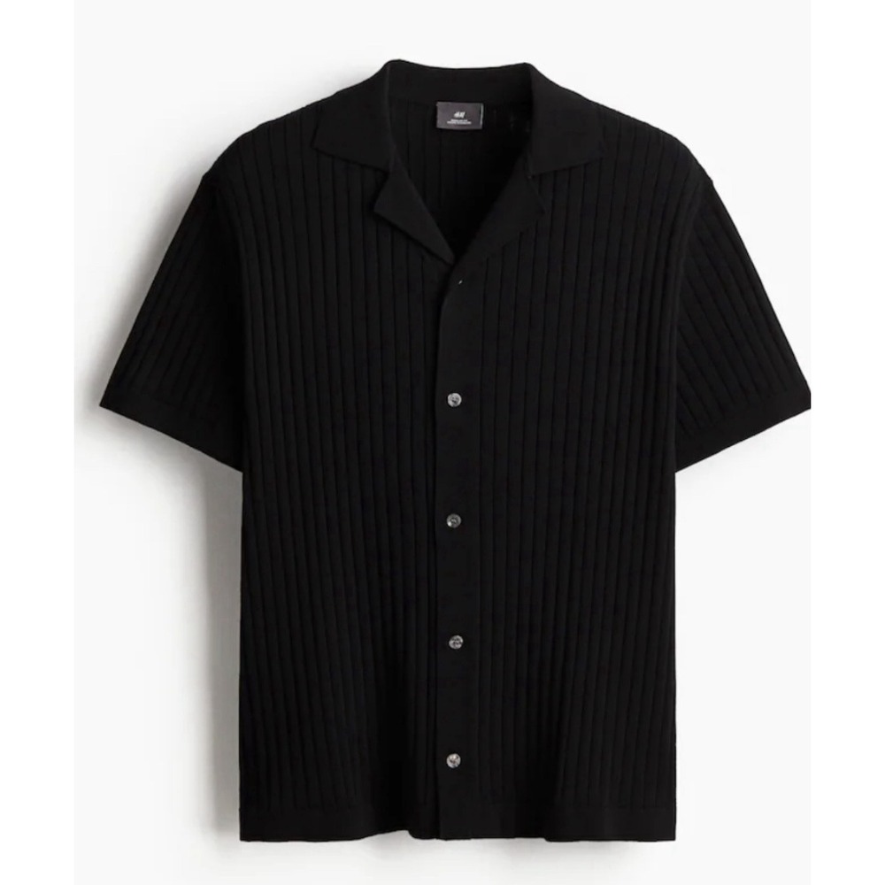 H&M Regular Fit Textured-knit Resort Black Button Up Sweater Shirt SS Sz-XXL